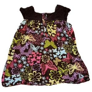 POLLY HINDERO Brown Lace Short Sleeve Short with Neon Colored Butterfly Pattern